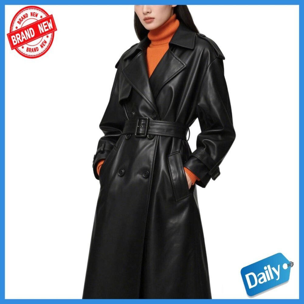 Faux Leather Trench Coat Double Breasted Belted High Waist Long Jacket